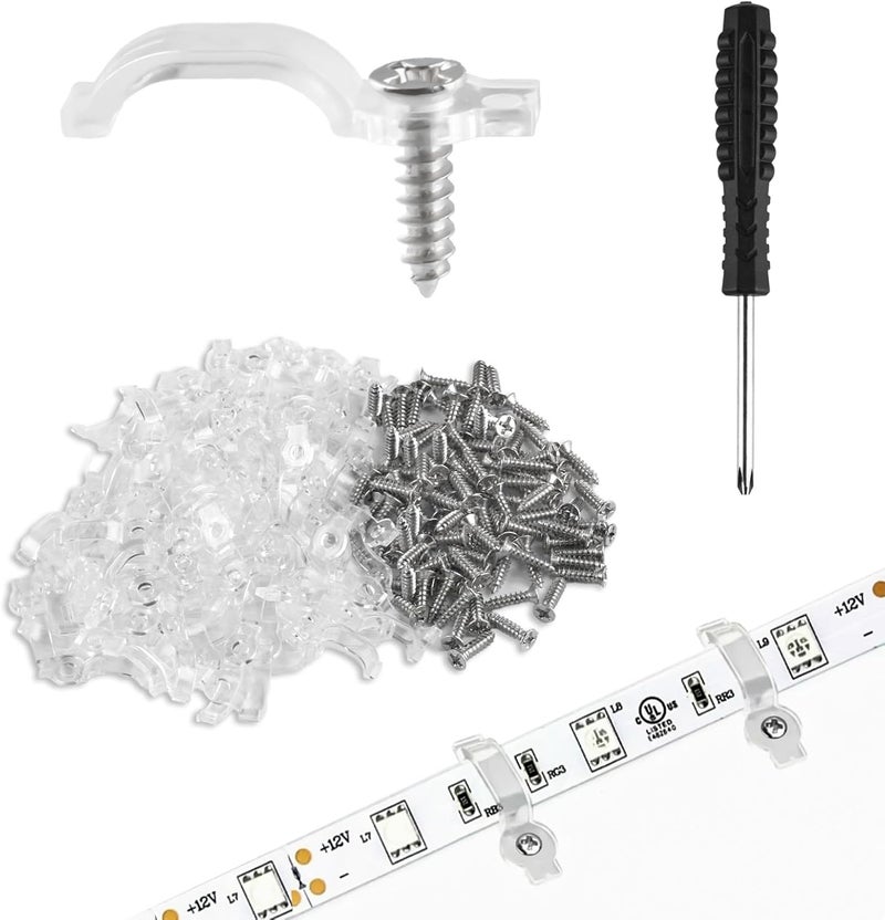 HexinYigjly 100 Pcs Strip Light Mounting Brackets, 10mm Outdoor LED Strip Light Mounting Clips, Led Light Strip Clips, One-Side Fixing Clips Brackets for 10mm Wide Waterproof Strip Lights, with 100 Screws - Image 1